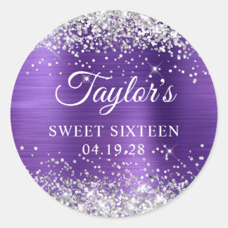 Silver Glitter Amethyst Purple Foil Sweet Sixteen Classic Round Sticker