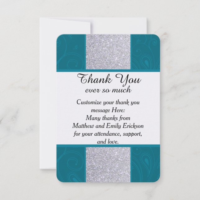 Silver Glitter and Aqua Teal with Swirly Design Thank You Card (Front)