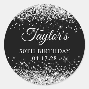 Silver Glitter and Black 30th Birthday Classic Round Sticker