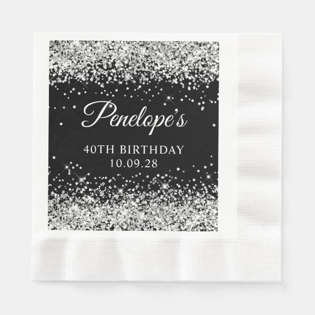 Silver Glitter and Black 40th Birthday Napkin (Front)