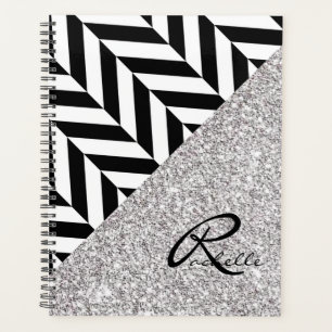 Silver Glitter and Black and White Herringbone Planner