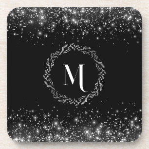 Silver Glitter And Black Elegant Monogrammed Coaster