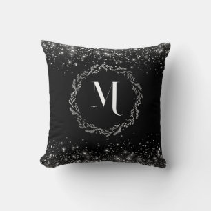 Silver Glitter And Black Elegant Monogrammed Cushion
