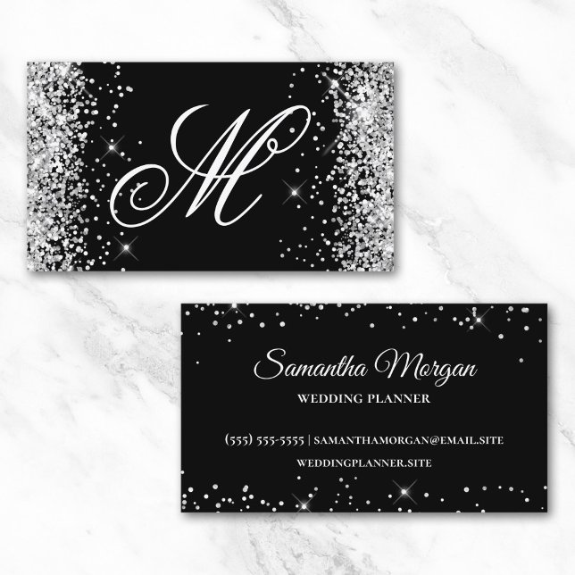 Silver Glitter and Black Fancy Monogrammed Business Card (Silver Glitter and Black Fancy Monogrammed Business Card)