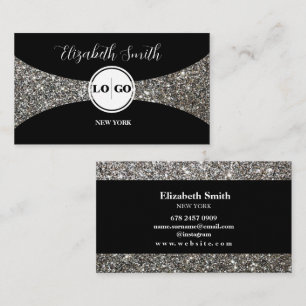 Silver Glitter and Black Logo Business Card