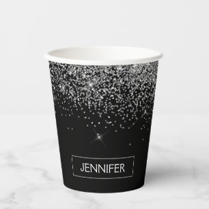 Silver Glitter and Black Monogram Paper Cups