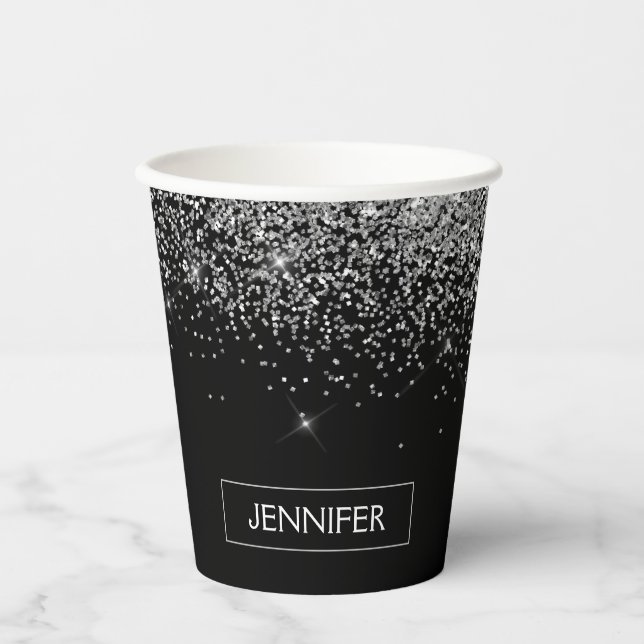 Silver Glitter and Black Monogram Paper Cups (Front)
