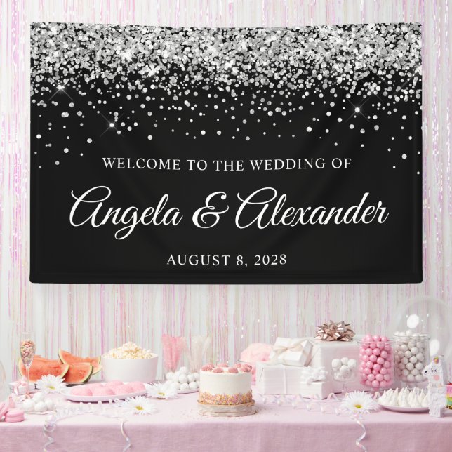 Silver Glitter and Black Wedding Welcome Banner (Party)