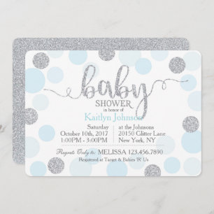 Silver Glitter and Blue Scattered Dots Baby Shower Invitation