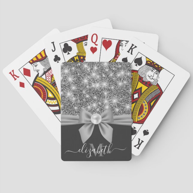 Silver Glitter and Bow Playing Cards (Back)