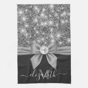 Silver Glitter and Bow Tea Towel