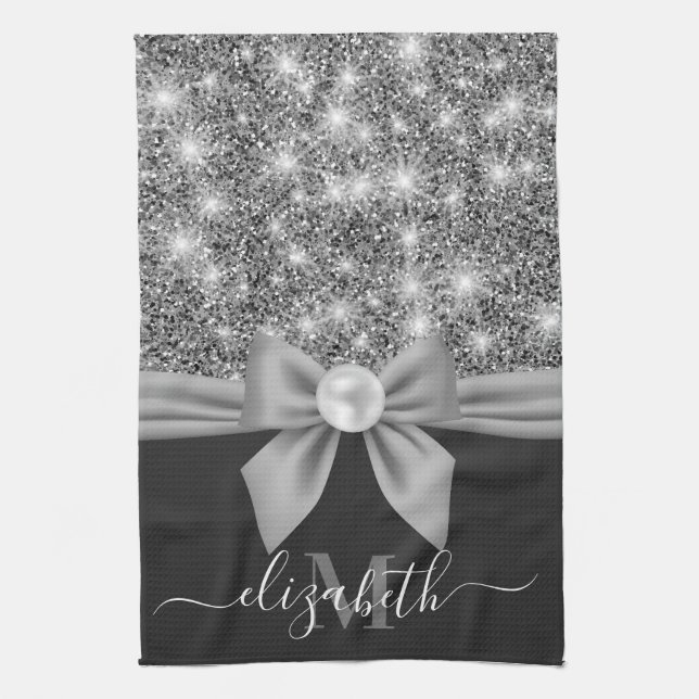 Silver Glitter and Bow Tea Towel (Vertical)