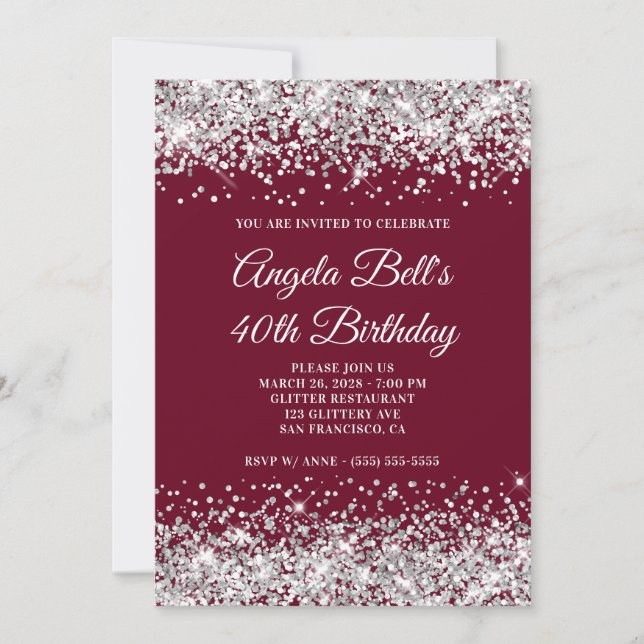Silver Glitter and Burgundy 40th Birthday Invitation (Front)