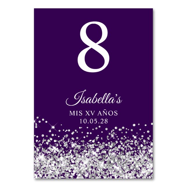 Silver Glitter and Dark Purple Mis XV Anos Table Number (Front)