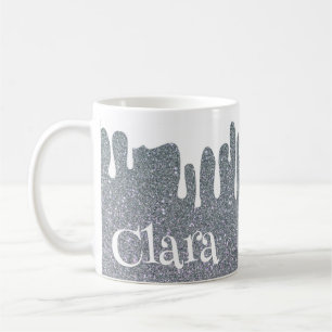 Silver Glitter and Dripping White Personalized  Coffee Mug