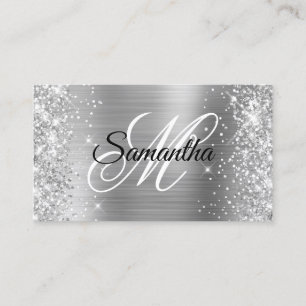 Silver Glitter and Foil Fancy Monogram Profile Business Card