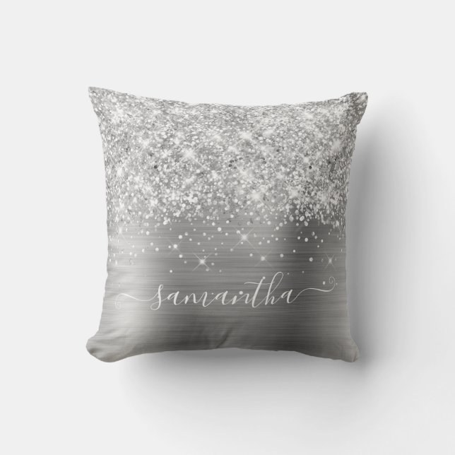 Silver Glitter and Foil Girly Signature Cushion (Front)
