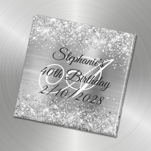 Silver Glitter and Foil Monogrammed 40th Birthday Magnet (Creator Uploaded)