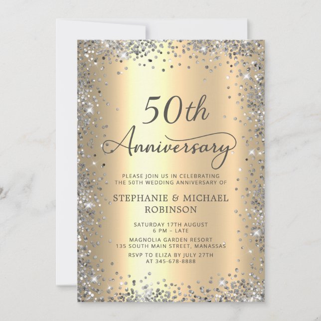  Silver Glitter and Gold 50th Wedding Anniversary Invitation (Front)