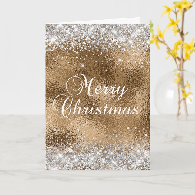 Silver Glitter and Gold Glass Foil Merry Christmas Card (Yellow Flower)