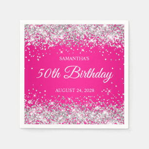 Silver Glitter and Hot Pink 50th Birthday Napkin