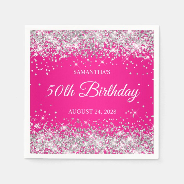 Silver Glitter and Hot Pink 50th Birthday Napkin (Front)