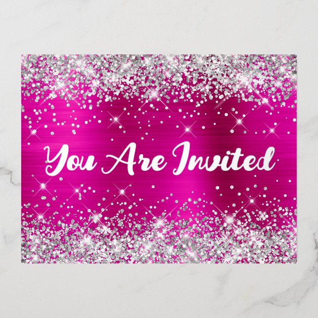 Silver Glitter and Hot Pink Glam 40th Birthday Foil Invitation Postcard (Front)