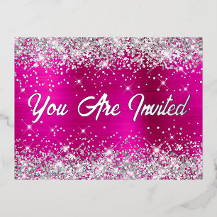 Silver Glitter and Hot Pink Glam 60th Birthday Foil Invitation Postcard