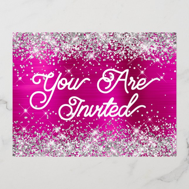 Silver Glitter and Hot Pink Glam 80th Birthday Foil Invitation Postcard (Front)