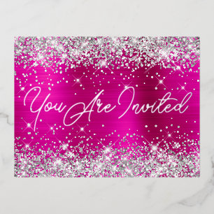 Silver Glitter and Hot Pink Glam 90th Birthday Foil Invitation Postcard
