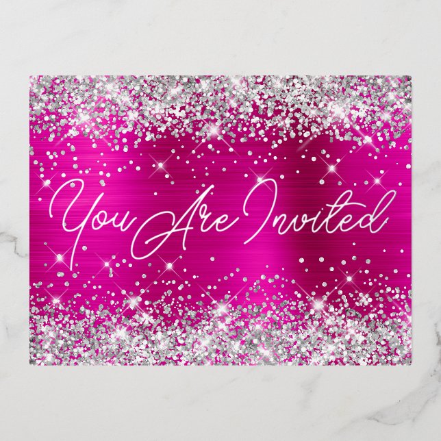 Silver Glitter and Hot Pink Glam 90th Birthday Foil Invitation Postcard (Front)