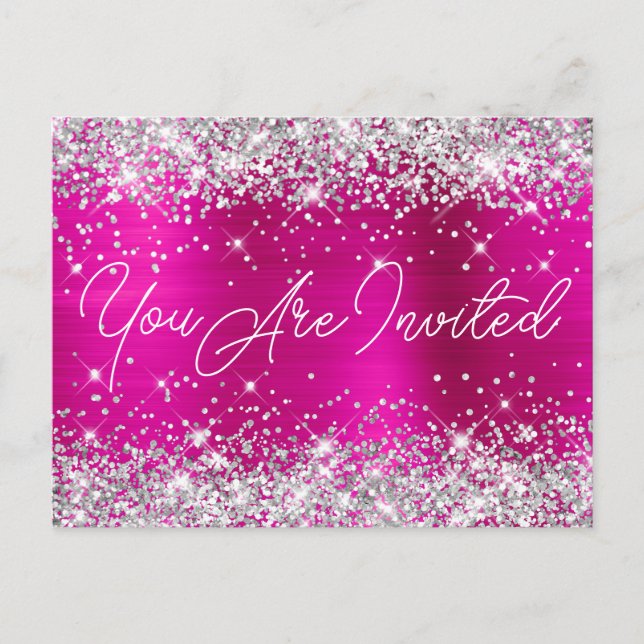Silver Glitter and Hot Pink Glam 90th Birthday Invitation Postcard (Front)