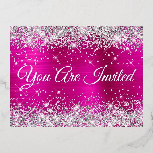 Silver Glitter and Hot Pink Glam Quinceañera Foil Invitation Postcard (Front)