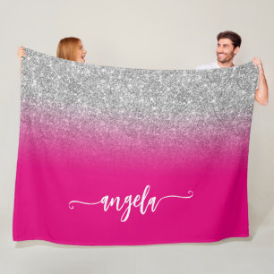 Silver Glitter and Hot Pink Ombre Personalised Fleece Blanket