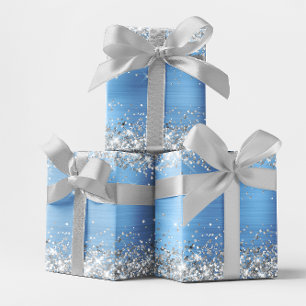 Silver Glitter and Light Blue Ombre Foil Wrapping Paper Sheet