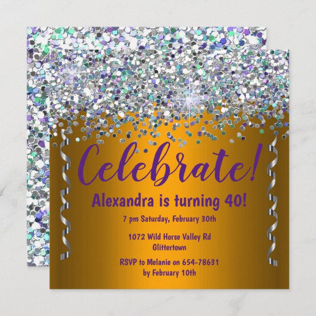 Silver Glitter and Metallic Gold 40th Birthday Invitation (Front/Back)