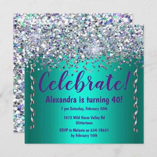 Silver Glitter and Metallic Teal 40th Birthday Invitation (Front/Back)