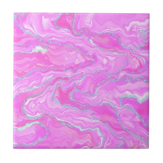 Silver Glitter and Pink Abstract Ceramic Tile (Front)
