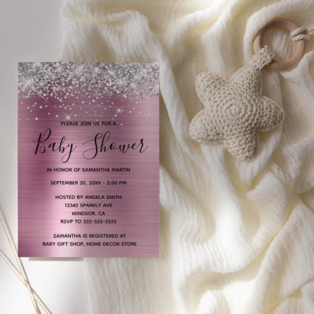 Silver Glitter and Pink Foil Baby Shower Invitation (Faux Silver Glitter and Pink Foil Baby Shower Invite)