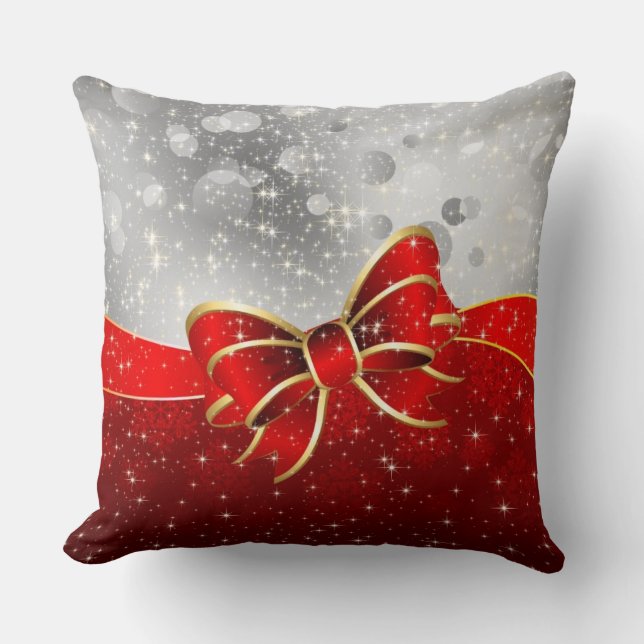 Silver Glitter And Red Christmas Sparkles Bow Cushion (Front)