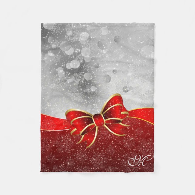 Silver Glitter And Red Christmas Sparkles Bow Fleece Blanket (Front)
