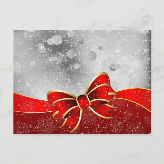 Silver Glitter And Red Christmas Sparkles Bow Holiday Postcard (Front)