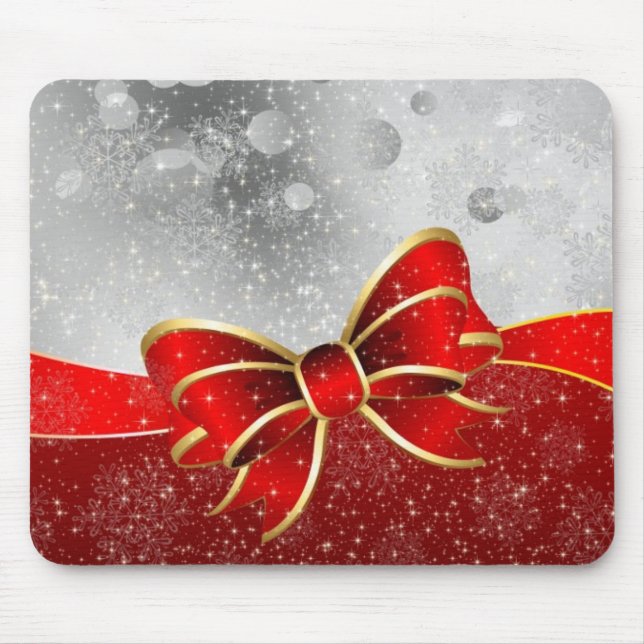 Silver Glitter And Red Christmas Sparkles Bow Mouse Pad (Front)