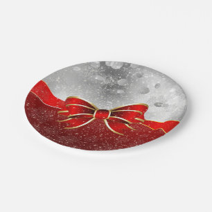 Silver Glitter And Red Christmas Sparkles Bow Paper Plate