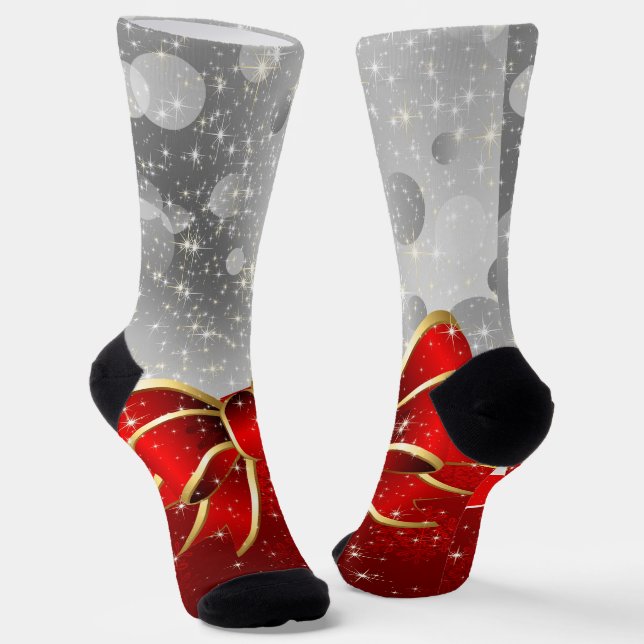 Silver Glitter And Red Christmas Sparkles Bow Socks (Angled)