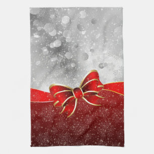 Silver Glitter And Red Christmas Sparkles Bow Tea Towel
