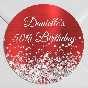 Silver Glitter and Red Foil 50th Birthday Classic Round Sticker