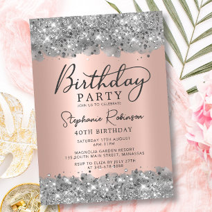 Silver Glitter and Rose Gold Foil 40th Birthday Invitation