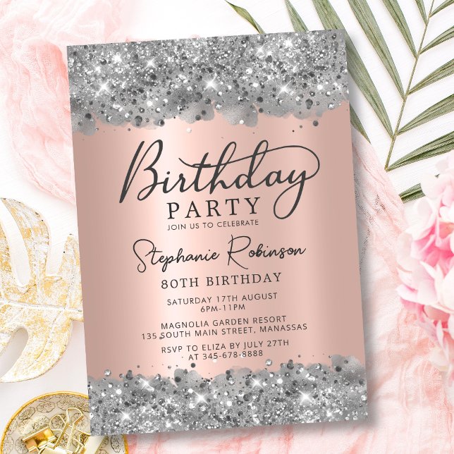 Silver Glitter and Rose Gold Metal 80th Birthday Invitation (Creator Uploaded)