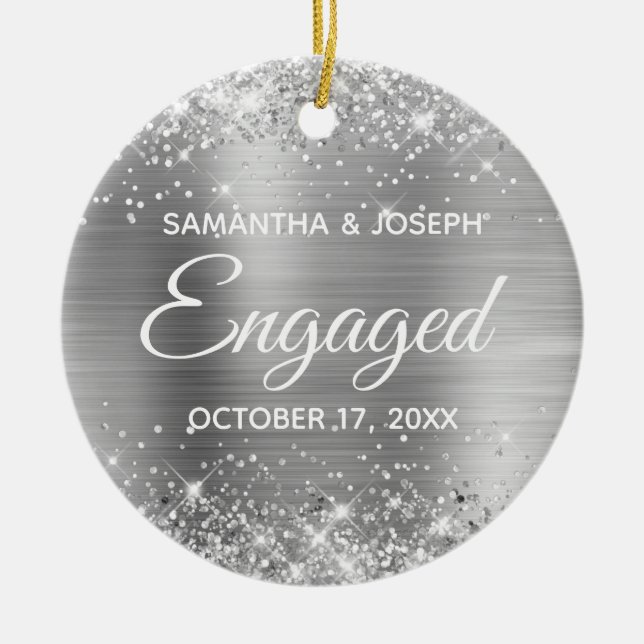 Silver Glitter and Shiny Foil Engaged Ceramic Ornament (Front)